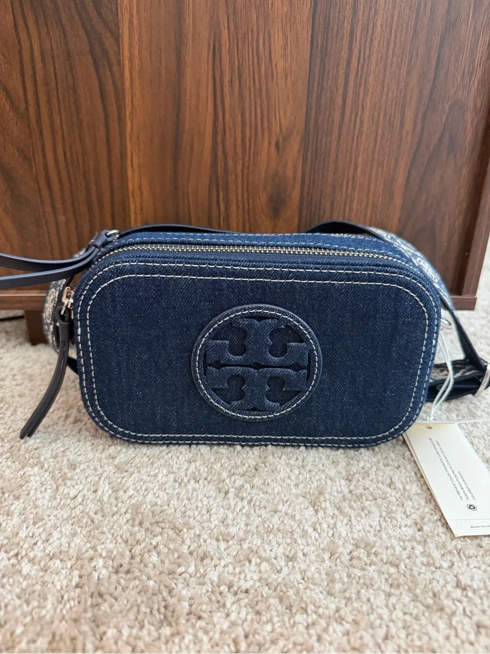 Tory Burch Miller Denim Camera Crossbody with Jacquard Logo Strap